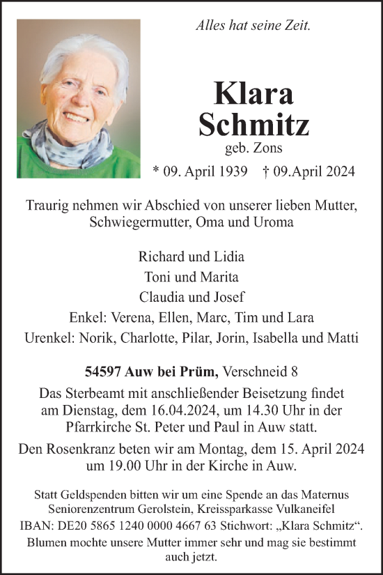 Traueranzeige von Klara Schmitz von WochenSpiegel