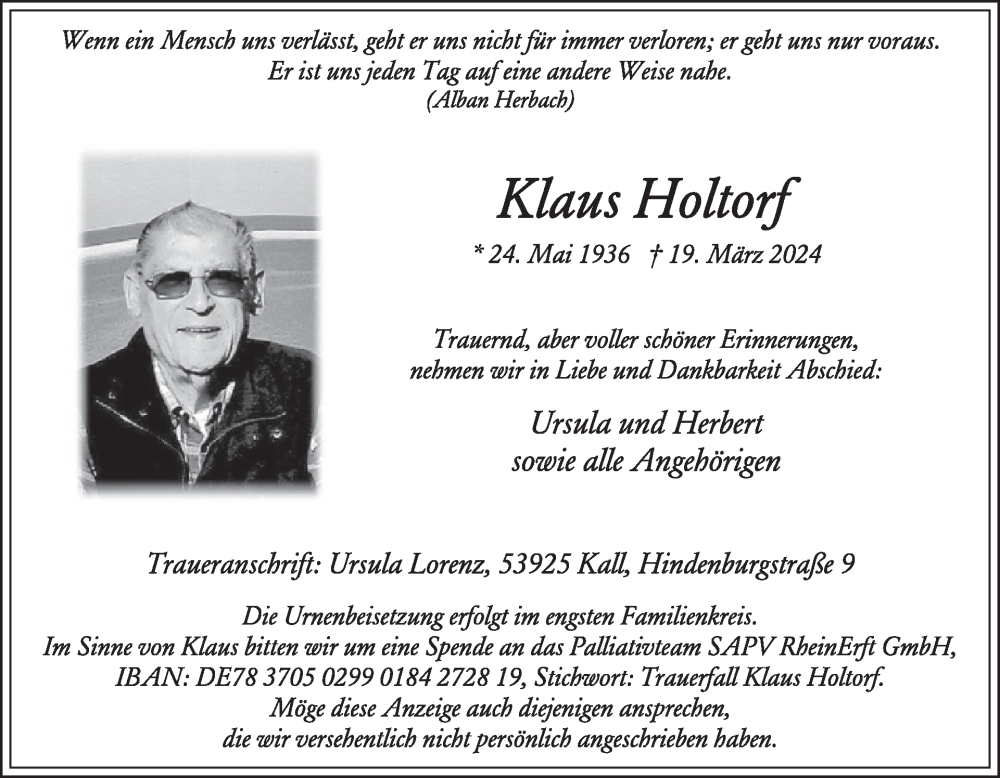  Traueranzeige für Klaus Holtorf vom 27.03.2024 aus WochenSpiegel