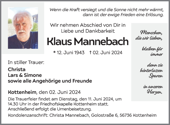 Traueranzeige von Klaus Mannebach von WochenSpiegel