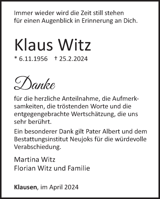 Traueranzeige von Klaus Witz von WochenSpiegel