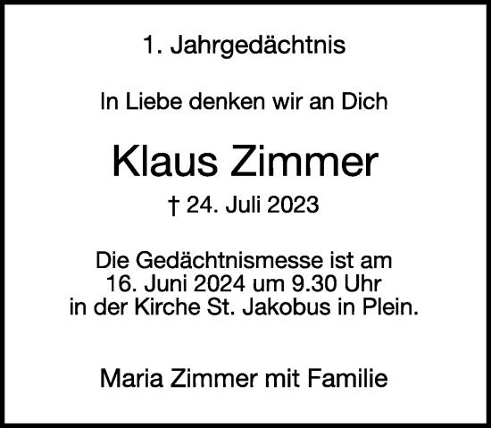 Traueranzeige von Klaus Zimmer von WochenSpiegel
