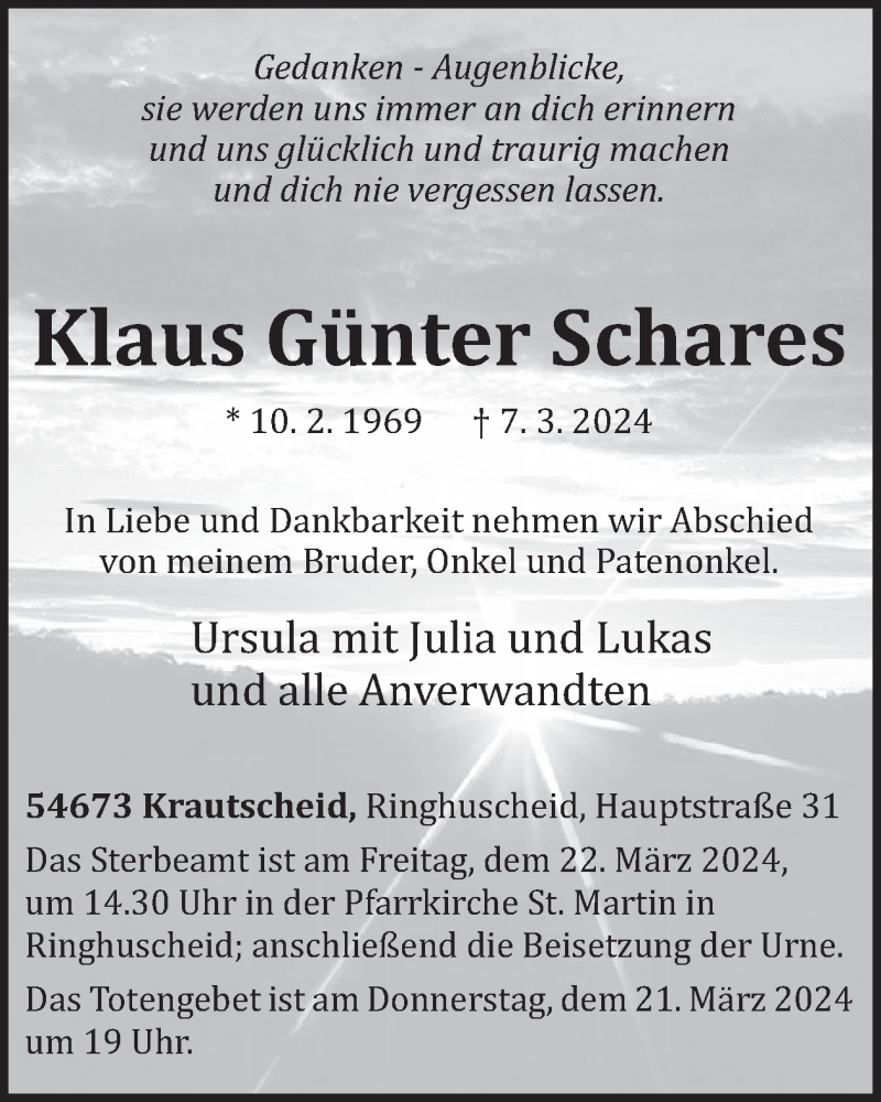  Traueranzeige für Klaus Günter Schares vom 15.03.2024 aus WochenSpiegel