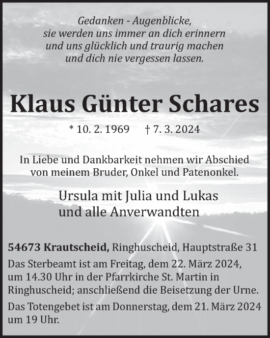Traueranzeige von Klaus Günter Schares von WochenSpiegel
