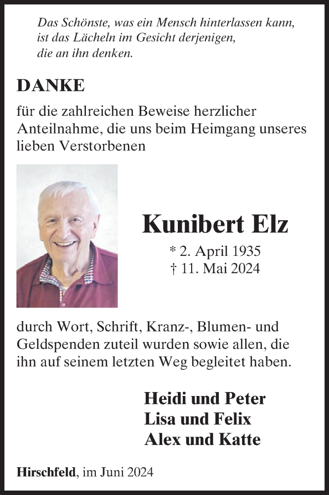  Traueranzeige für Kunibert Elz vom 29.06.2024 aus WochenSpiegel