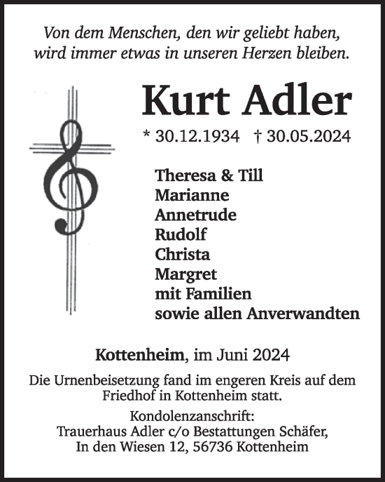 Traueranzeige von Kurt Adler von WochenSpiegel