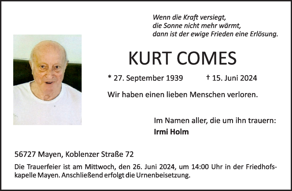  Traueranzeige für Kurt Comes vom 19.06.2024 aus WochenSpiegel
