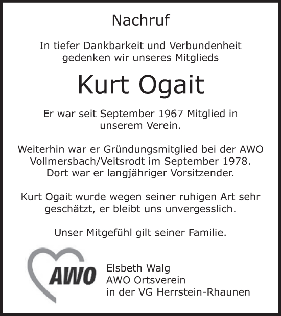 Traueranzeige von Kurt Ogait von WochenSpiegel