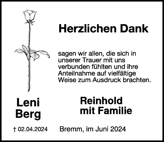 Traueranzeige von Leni Berg von WochenSpiegel