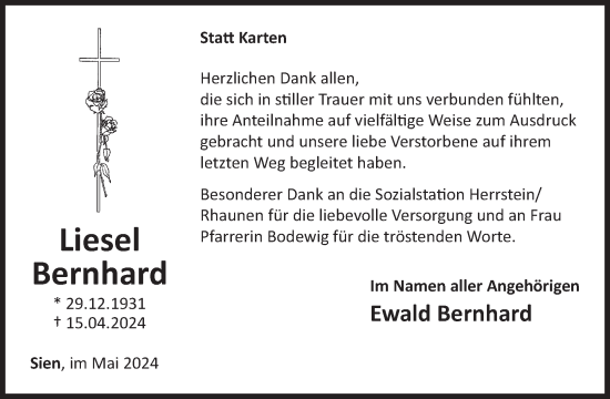 Traueranzeige von Liesel Bernhard von WochenSpiegel