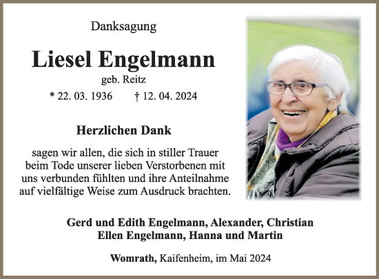 Traueranzeige von Liesel Engelmann von WochenSpiegel