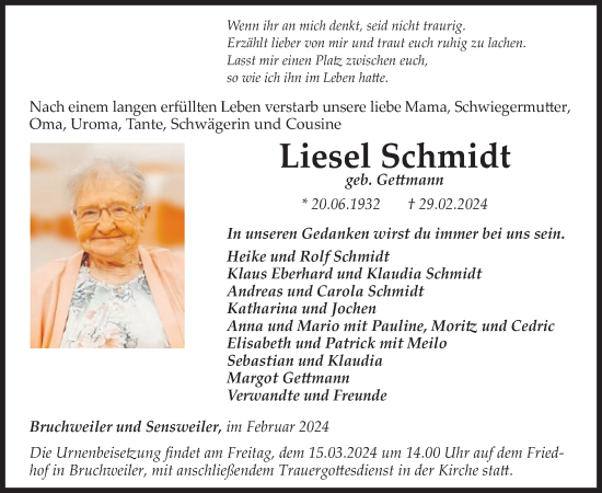 Traueranzeige von Liesel Schmidt von WochenSpiegel