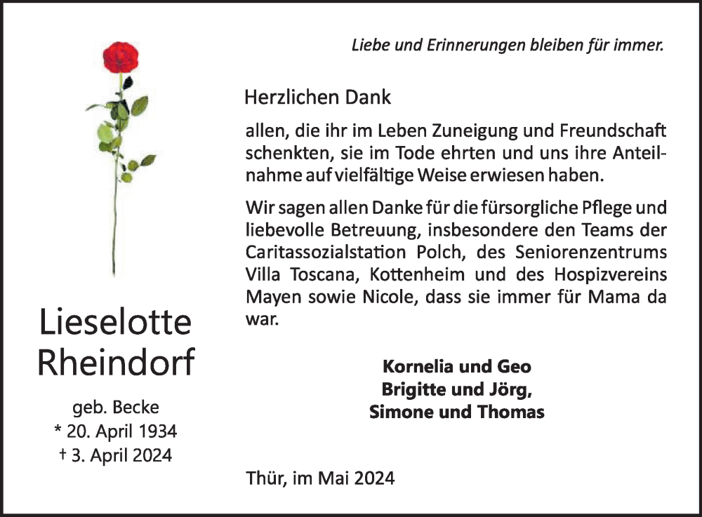  Traueranzeige für Lieselotte Rheindorf vom 08.05.2024 aus WochenSpiegel