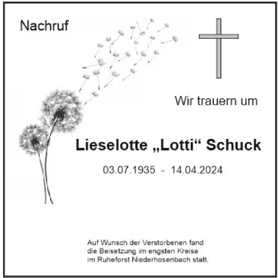 Traueranzeige von Lieselotte Schuck von WochenSpiegel