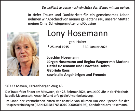 Traueranzeige von Lony Hosemann von WochenSpiegel