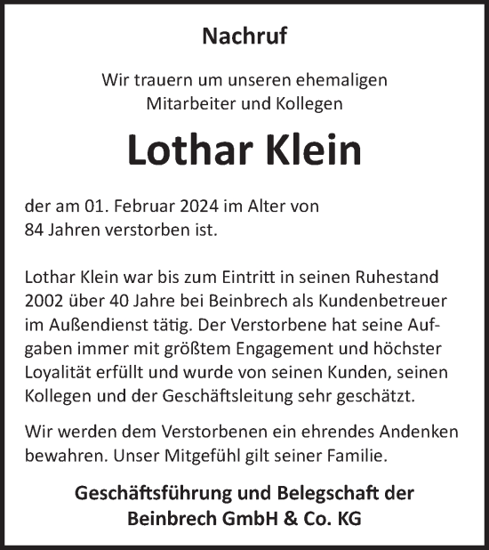 Traueranzeige von Lothar Klein von WochenSpiegel