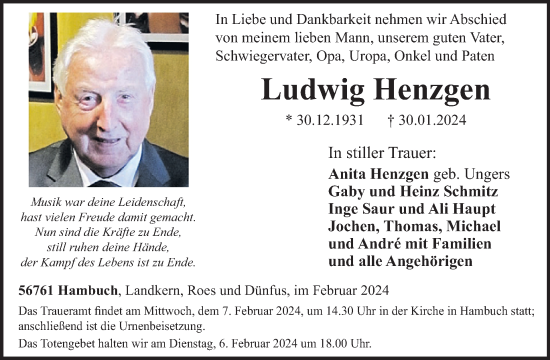 Traueranzeige von Ludwig Henzgen von WochenSpiegel