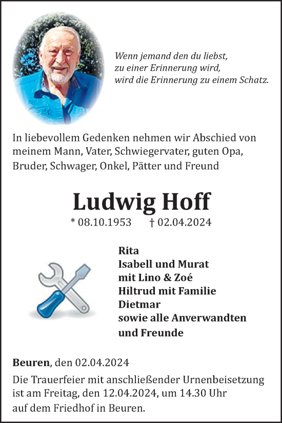 Traueranzeige von Ludwig Hoff von WochenSpiegel