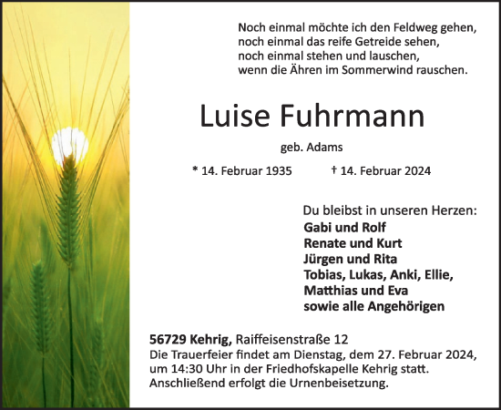 Traueranzeige von Luise Fuhrmann von WochenSpiegel