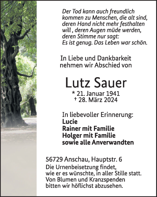 Traueranzeige von Lutz Sauer von WochenSpiegel