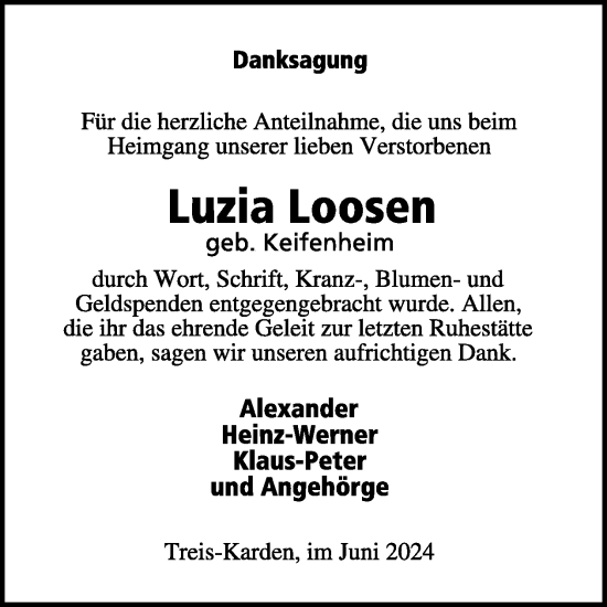 Traueranzeige von Luzia Loosen von WochenSpiegel