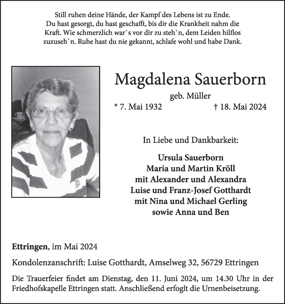  Traueranzeige für Magdalena Sauerborn vom 29.05.2024 aus WochenSpiegel