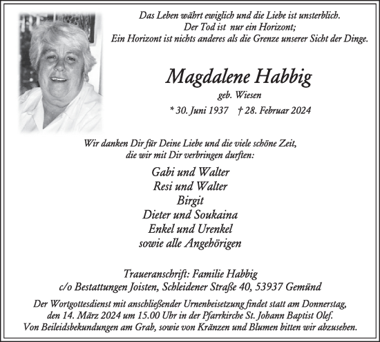 Traueranzeige von Magdalene Habbig von WochenSpiegel