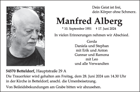 Traueranzeige von Manfred Alberg von WochenSpiegel