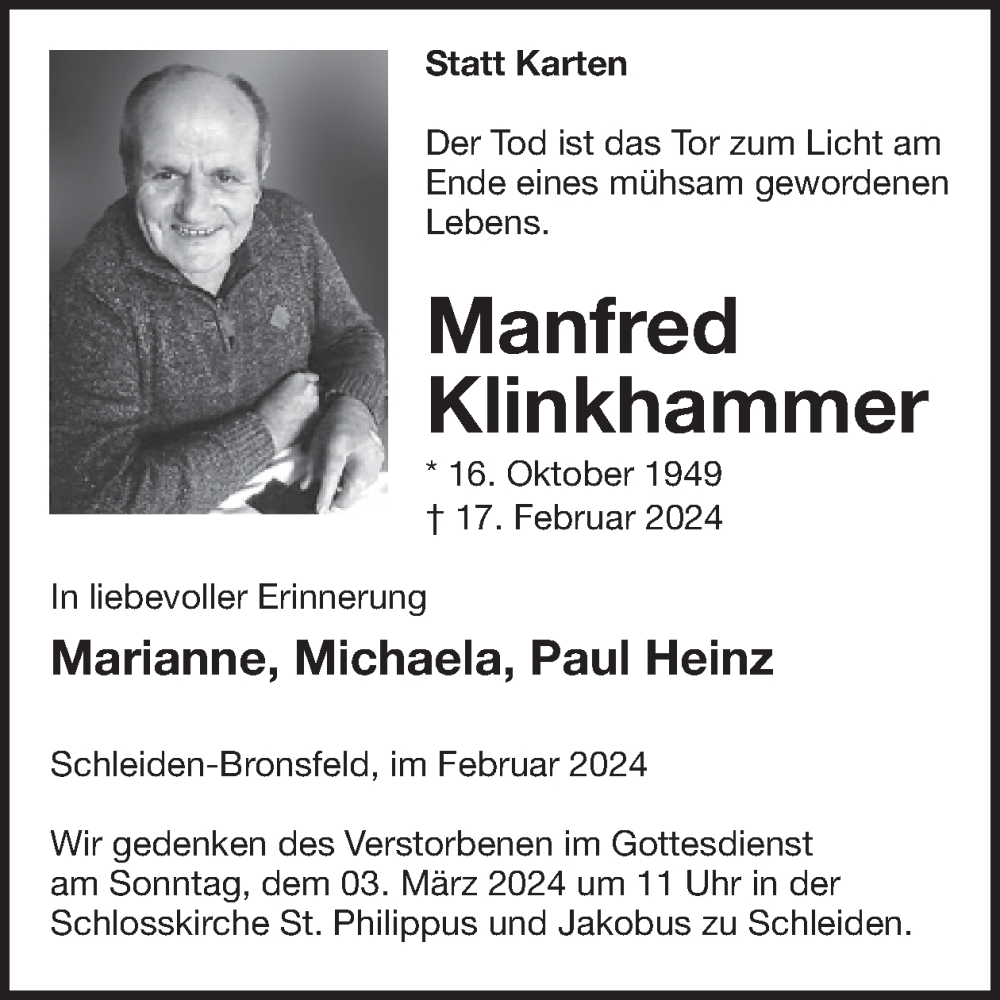  Traueranzeige für Manfred Klinkhammer vom 28.02.2024 aus WochenSpiegel