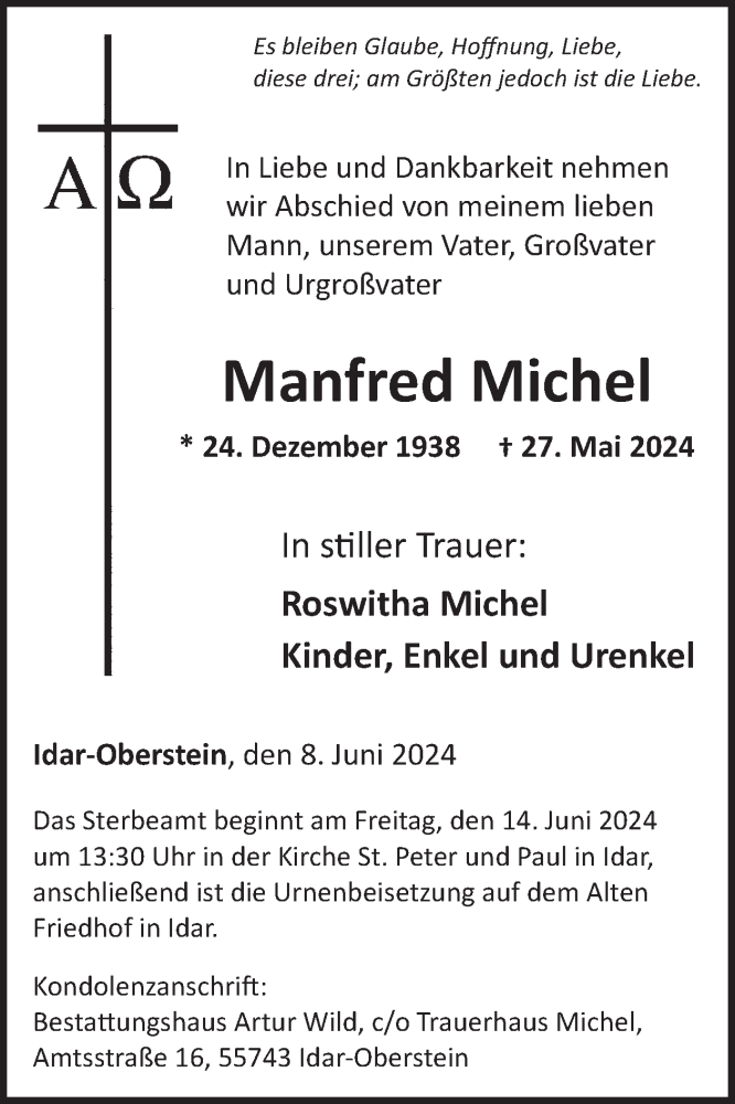  Traueranzeige für Manfred Michel vom 08.06.2024 aus WochenSpiegel