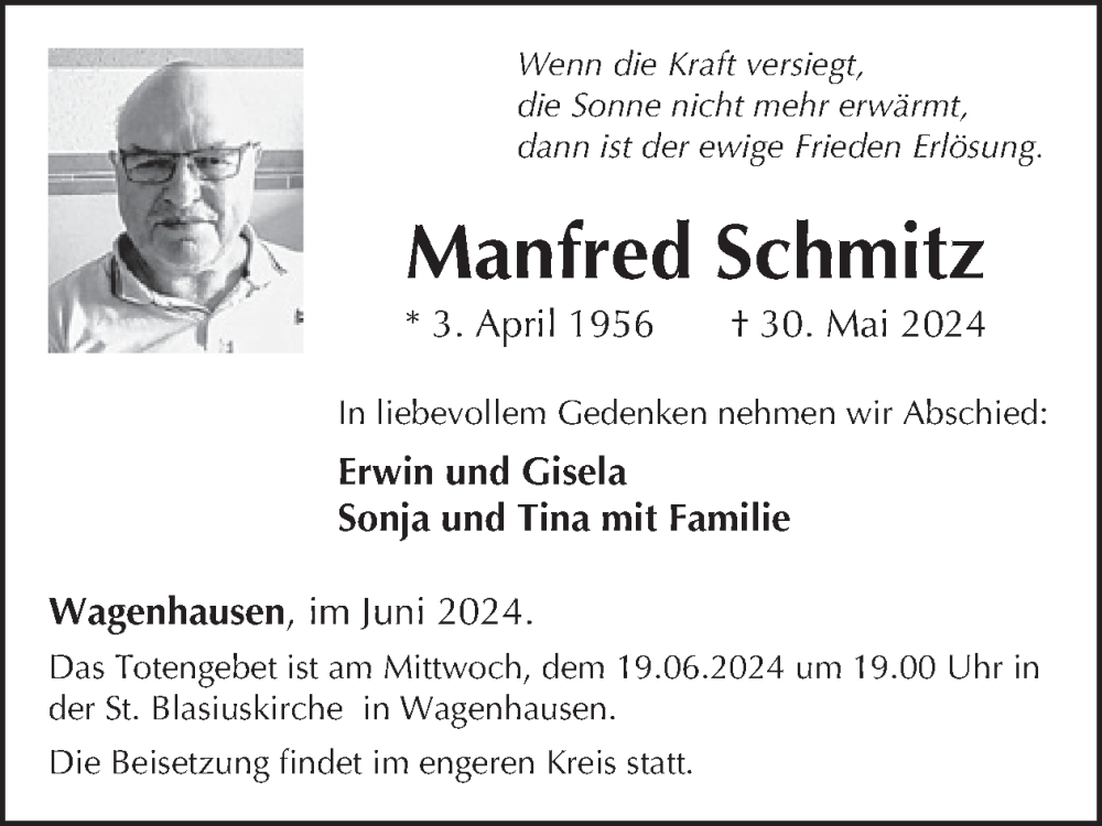  Traueranzeige für Manfred Schmitz vom 12.06.2024 aus WochenSpiegel