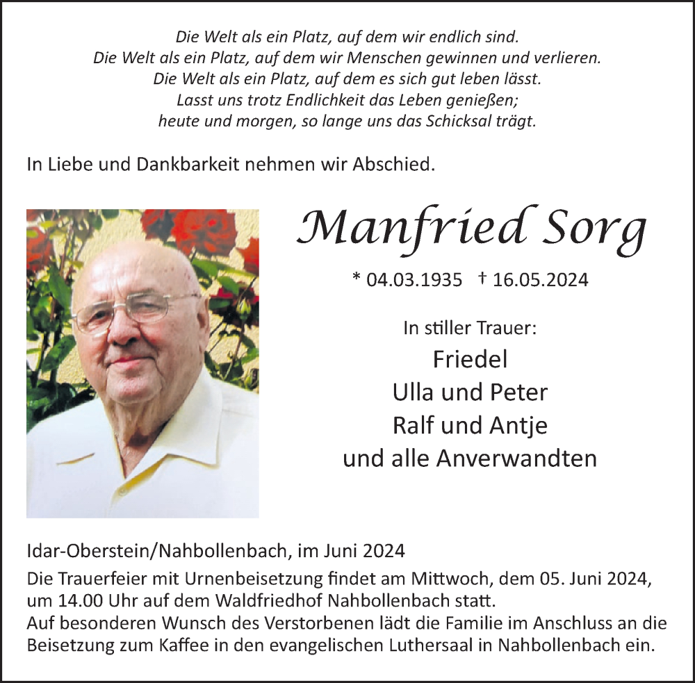  Traueranzeige für Manfried Sorg vom 01.06.2024 aus WochenSpiegel