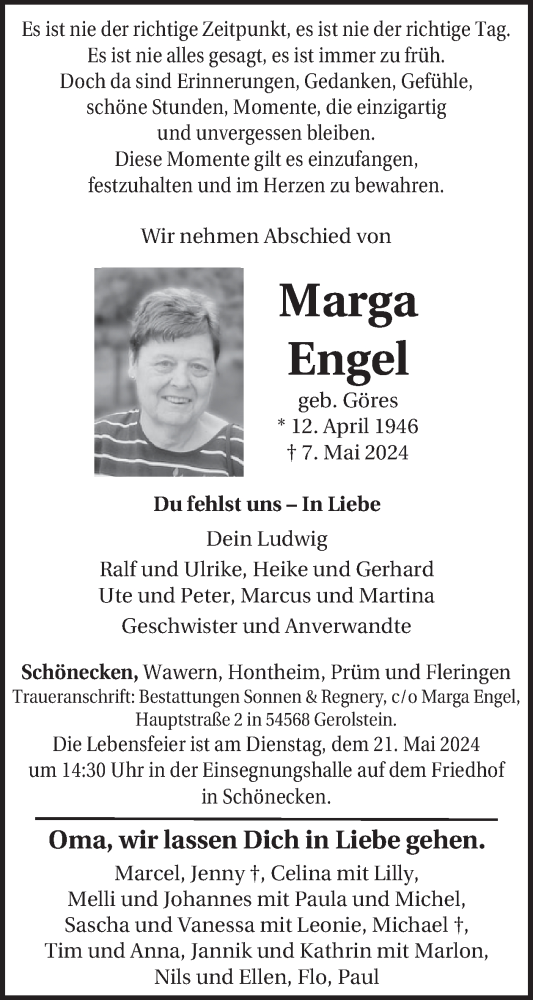 Traueranzeige von Marga Engel von WochenSpiegel