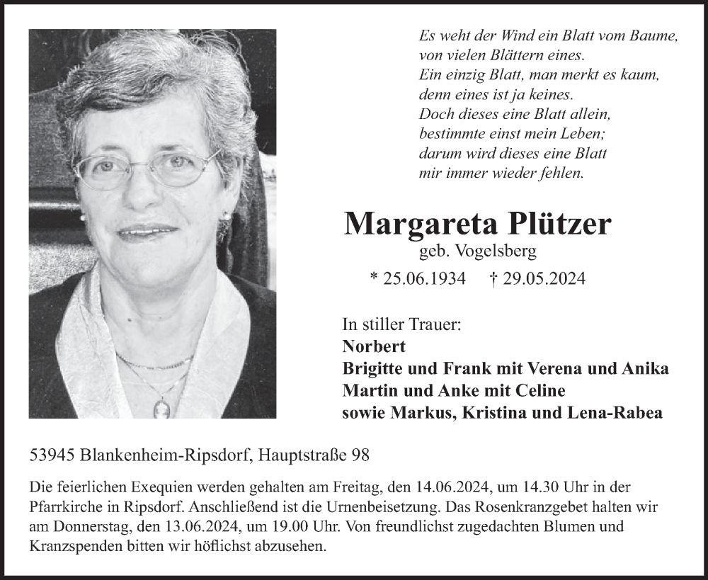  Traueranzeige für Margareta Plützer vom 05.06.2024 aus WochenSpiegel