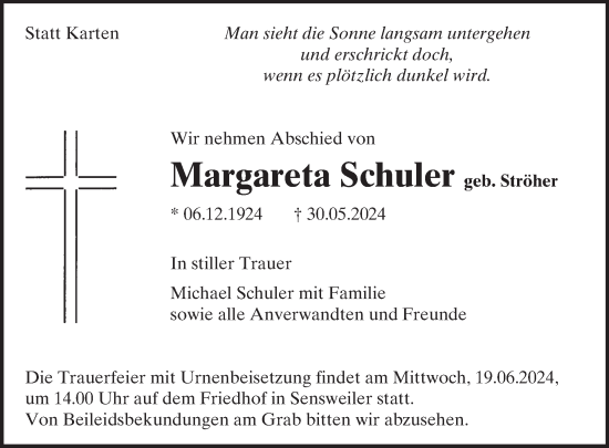 Traueranzeige von Margareta Schuler von WochenSpiegel