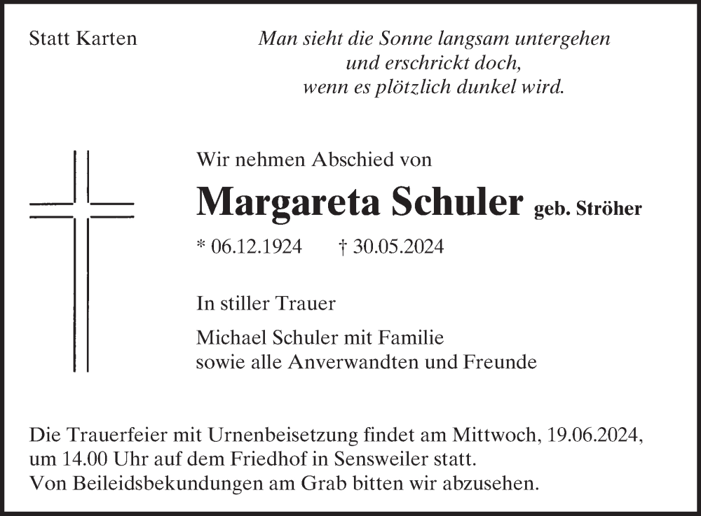  Traueranzeige für Margareta Schuler vom 15.06.2024 aus WochenSpiegel
