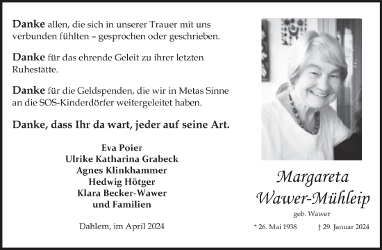 Traueranzeige von Margareta Wawer-Mühleip von WochenSpiegel
