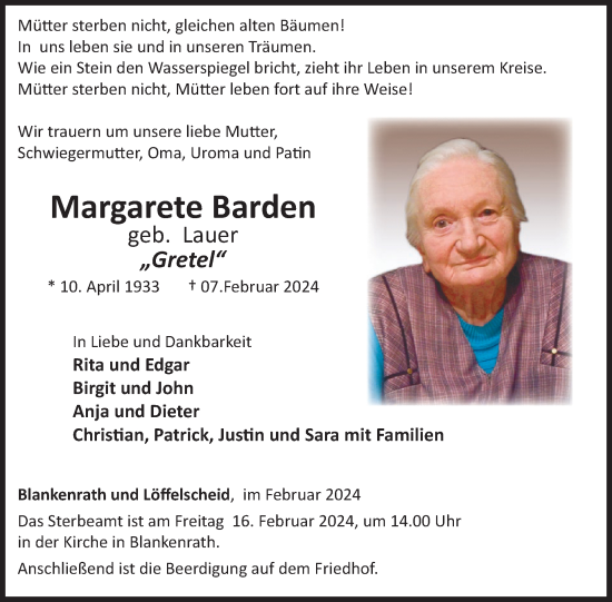 Traueranzeige von Margarete Barden von WochenSpiegel