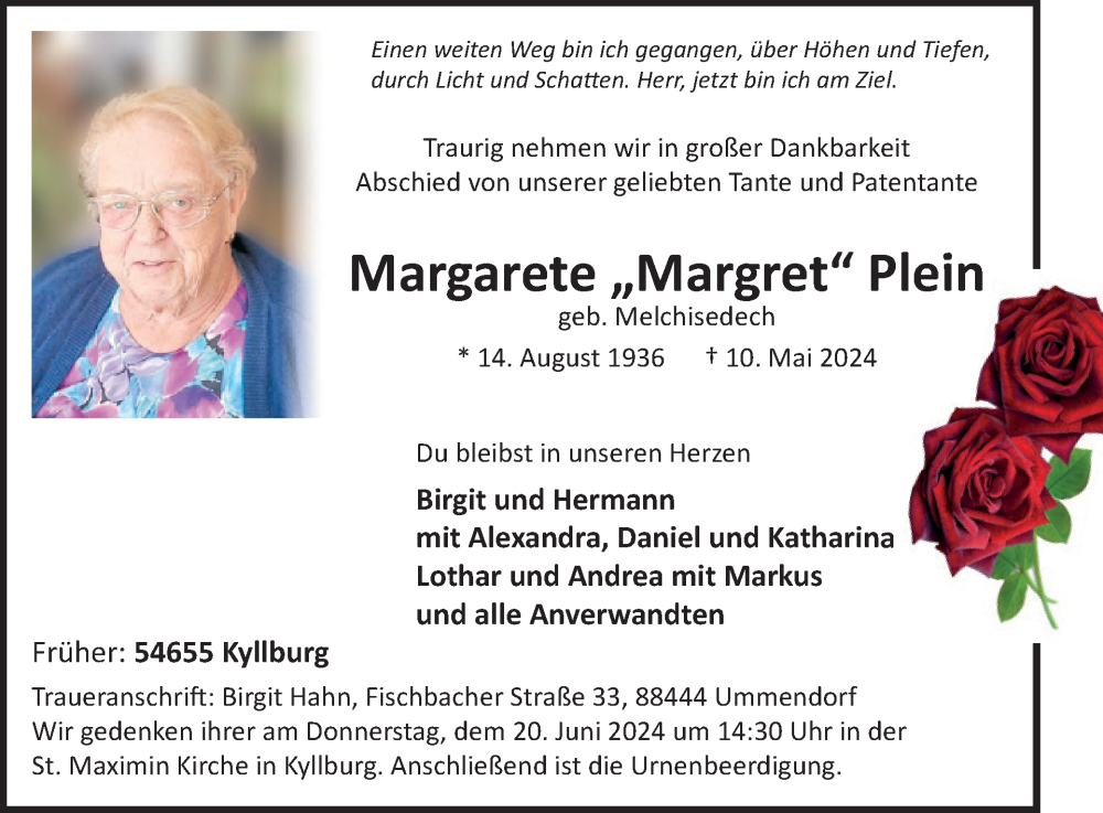  Traueranzeige für Margarete Plein vom 07.06.2024 aus WochenSpiegel