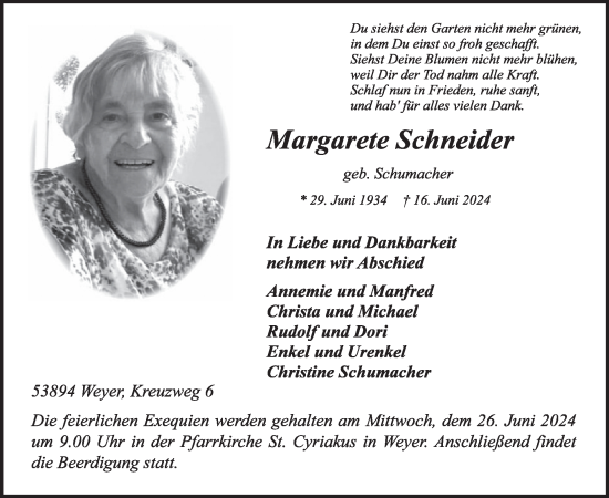 Traueranzeige von Margarete Schneider von WochenSpiegel
