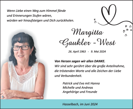 Traueranzeige von Margitta Gaukler-West von WochenSpiegel