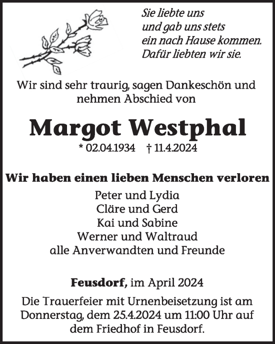 Traueranzeige von Margot Westphal von WochenSpiegel