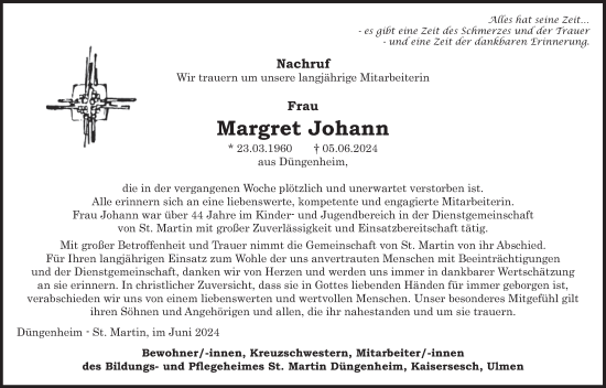 Traueranzeige von Margret Johann von WochenSpiegel