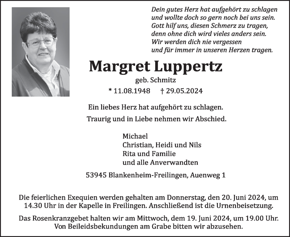  Traueranzeige für Margret Luppertz vom 12.06.2024 aus WochenSpiegel