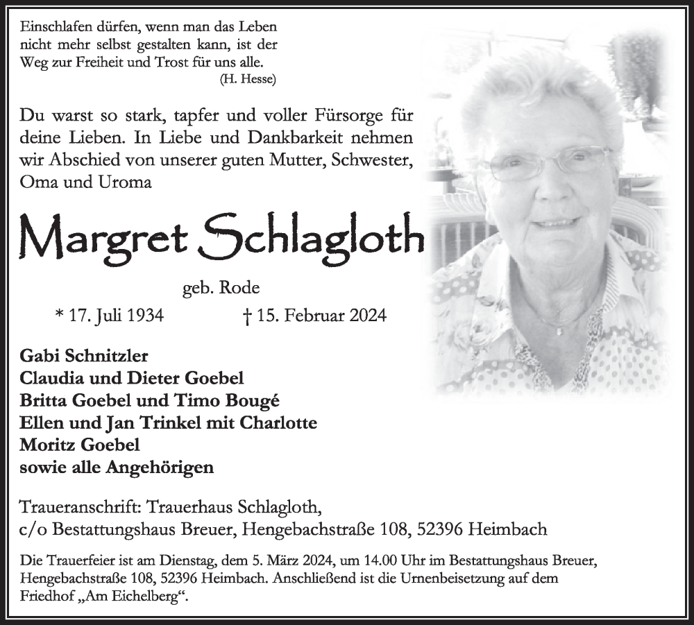  Traueranzeige für Margret Schlagloth vom 28.02.2024 aus WochenSpiegel