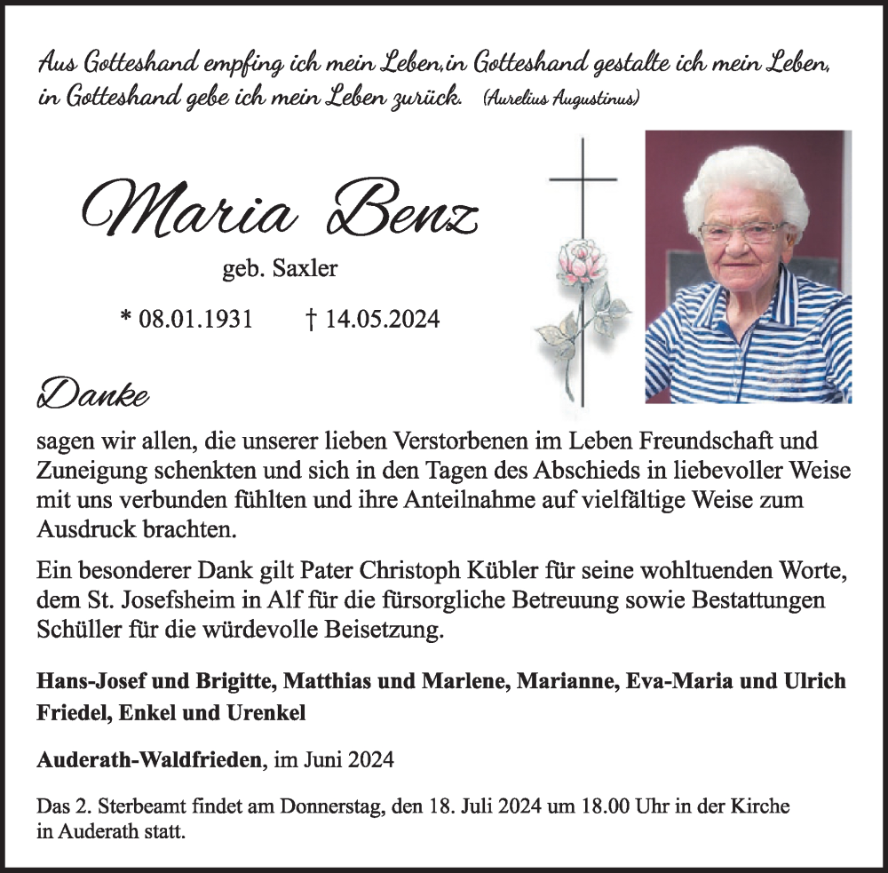  Traueranzeige für Maria Benz vom 26.06.2024 aus WochenSpiegel