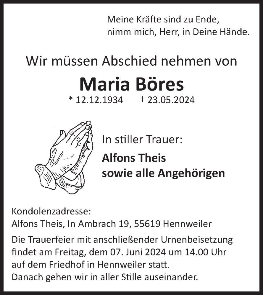  Traueranzeige für Maria Böres vom 01.06.2024 aus WochenSpiegel
