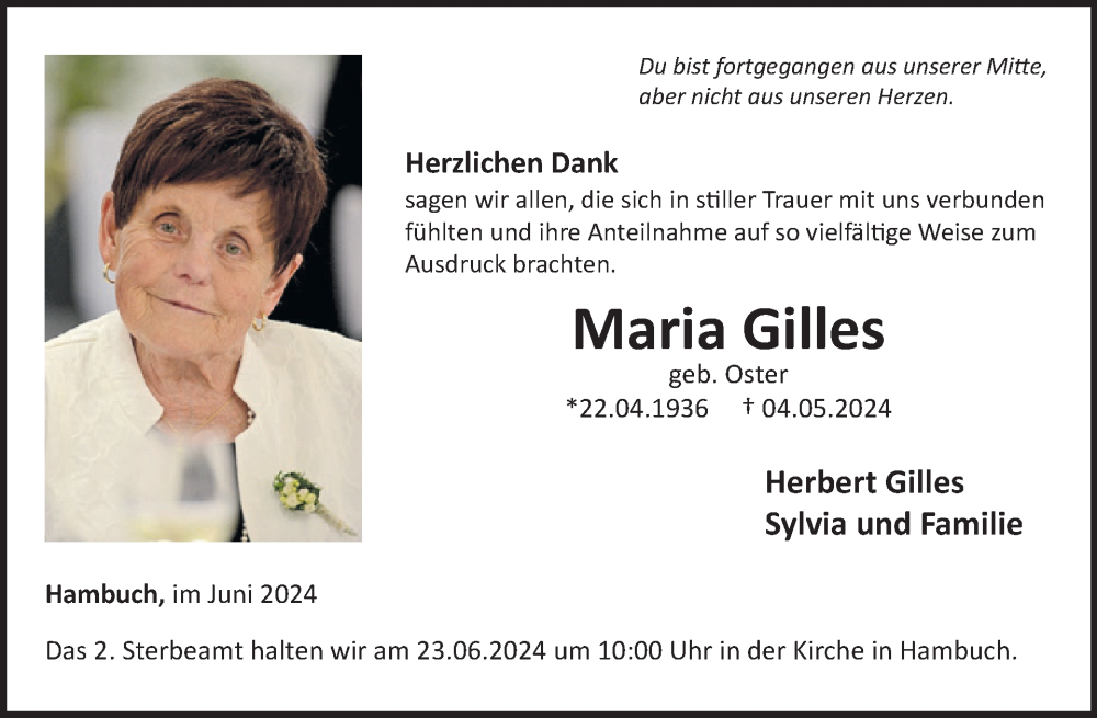  Traueranzeige für Maria Gilles vom 12.06.2024 aus WochenSpiegel