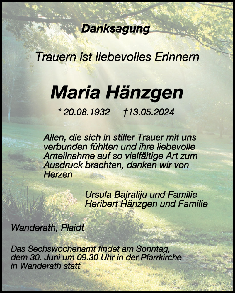  Traueranzeige für Maria Hänzgen vom 19.06.2024 aus WochenSpiegel