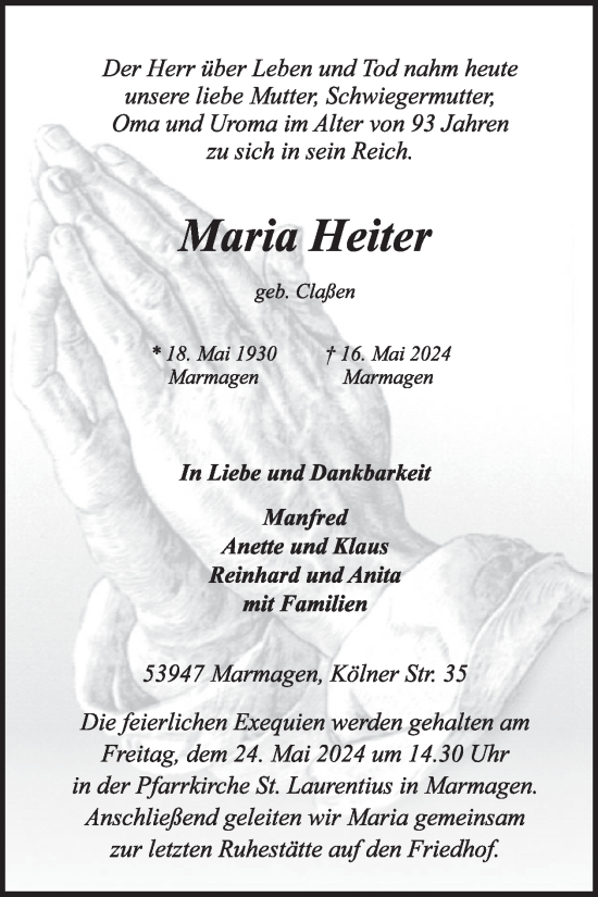 Traueranzeige von Maria Heiter von WochenSpiegel