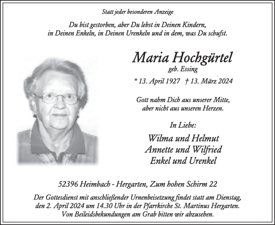 Traueranzeige von Maria Hochgürtel von WochenSpiegel